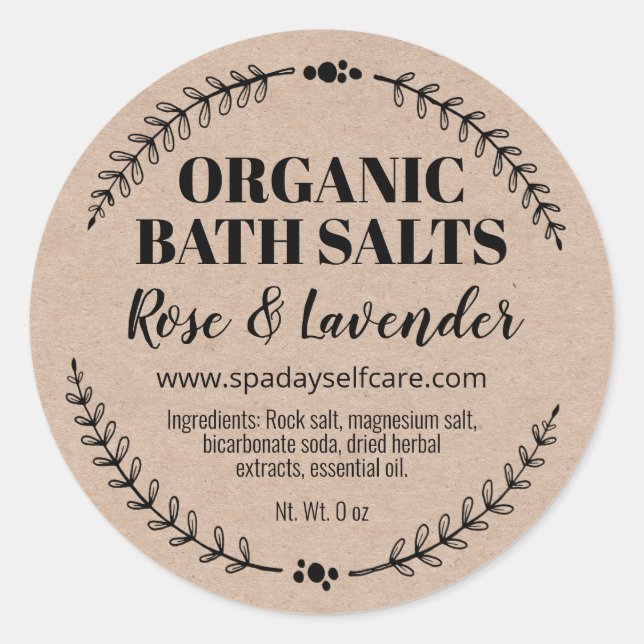 Handmade Organic Bath Salt Labels On Kraft (Front)