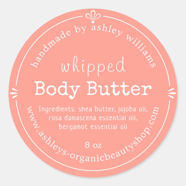 Handmade Organic Body Butter Label Pink (Front)