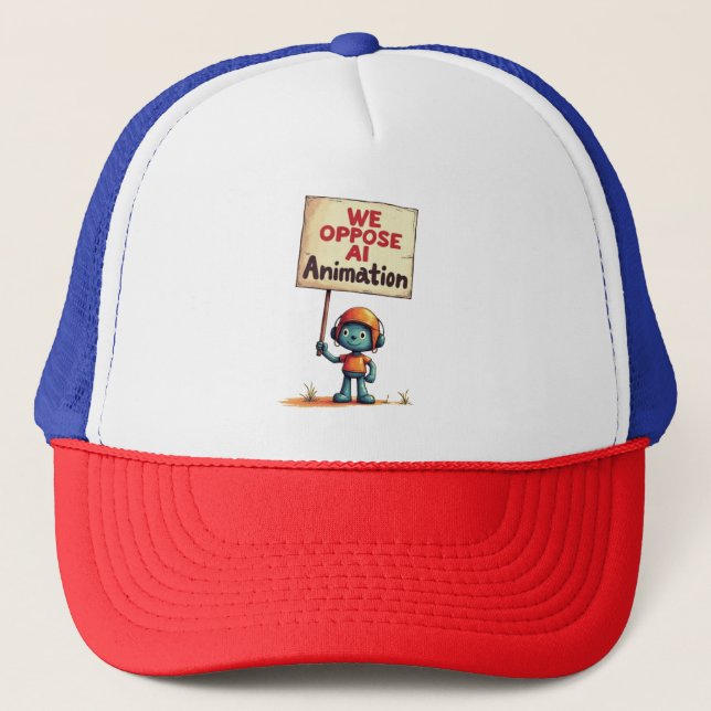 Handmade Plasticine Protest – We Oppose AI Art Trucker Hat (Front)