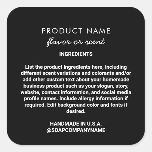Handmade Product Ingredient List Label Black White