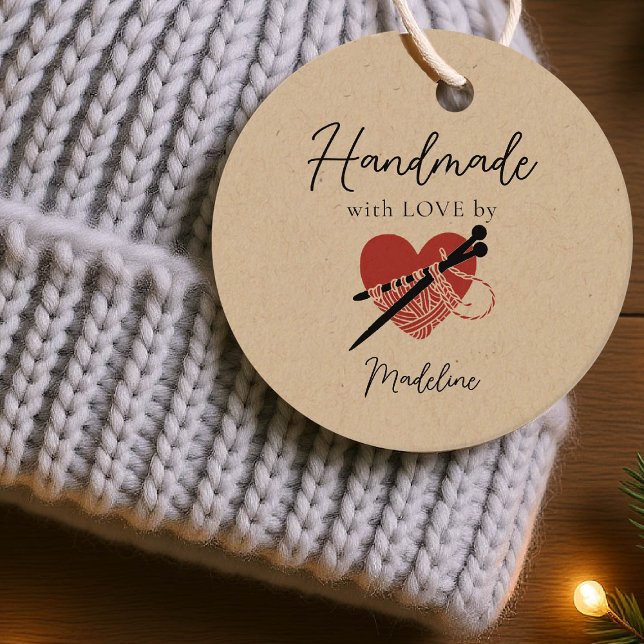 Handmade Product Knitting Heart Red Black Artisan Favor Tags (knitting crochet product label gifting birthday christmas artisan maker crafter custom kraft)