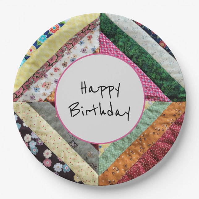 Handmade Quilt Pattern Birthday Party Paper Plates (Front)
