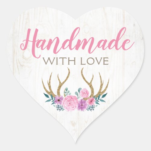 Handmade Rustic Wood  Watercolor Floral Antlers Heart Sticker