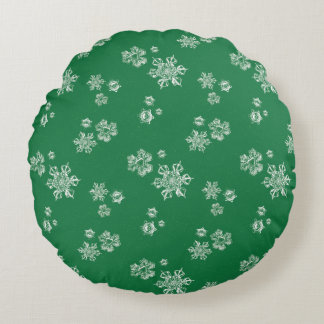 Handmade Snowflake Flurries - Bright Green & White Round Pillow