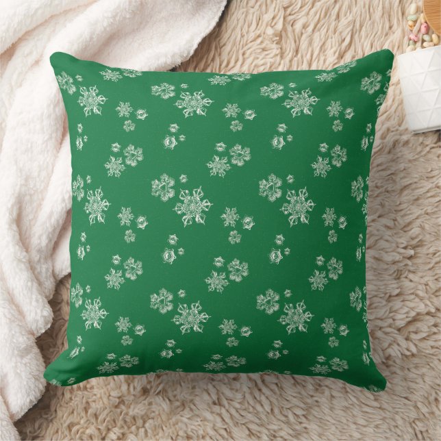 Handmade Snowflake Flurries - Bright Green & White Throw Pillow (Blanket)