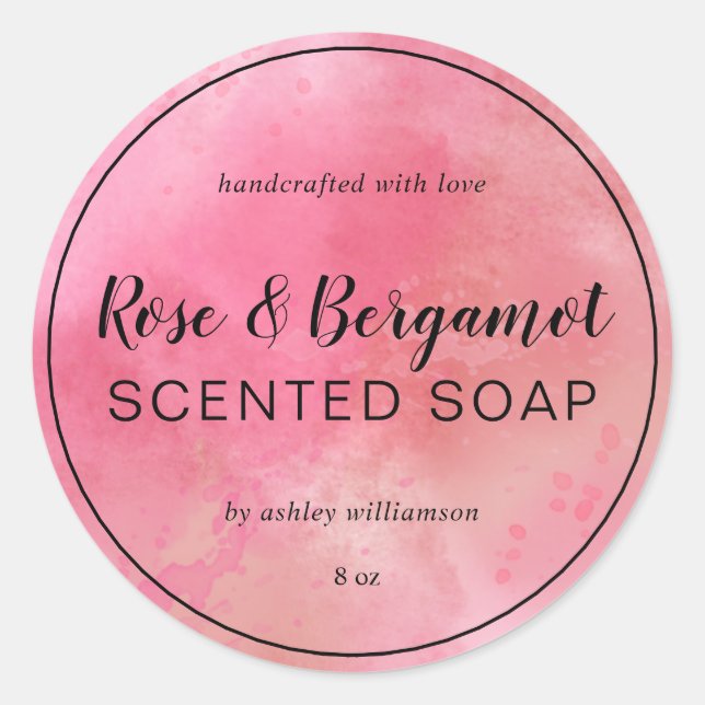 Handmade Soap Custom Calligraphy Pink Watercolor Classic Round Sticker (Front)