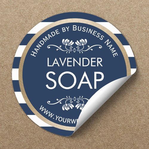 Handmade Soap Gold Border Navy Blue Stripes Classic Round Sticker
