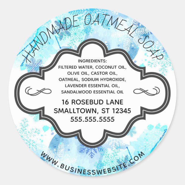 Handmade Soap Label Blue Winter Snowflakes Custom (Front)