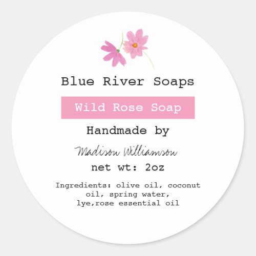 Handmade Soap Pink Floral with Ingredients list Classic Round Sticker