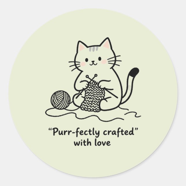 Handmade Textile Art Cat Knitting Graphic Art Classic Round Sticker (Front)