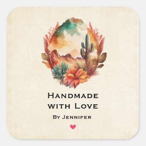 Handmade Watercolor Desert Cactus and Mountains Square Sticker
