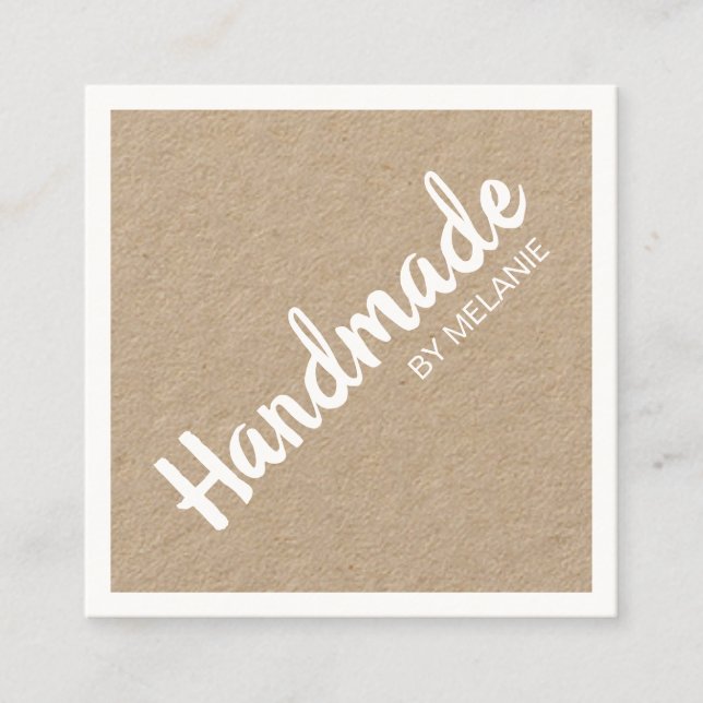 Handmade white script brown rustic kraft square business card (Front)