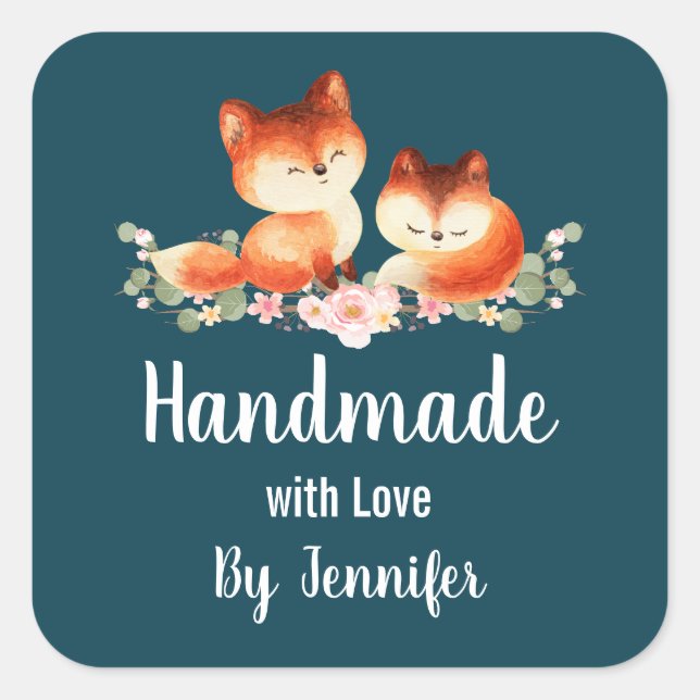 Handmade with Love 2 Cute Little Red Foxes Square Sticker (Front)