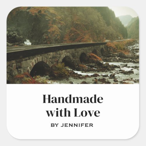 Handmade with Love Autumn Forest and River Photo Square Sticker