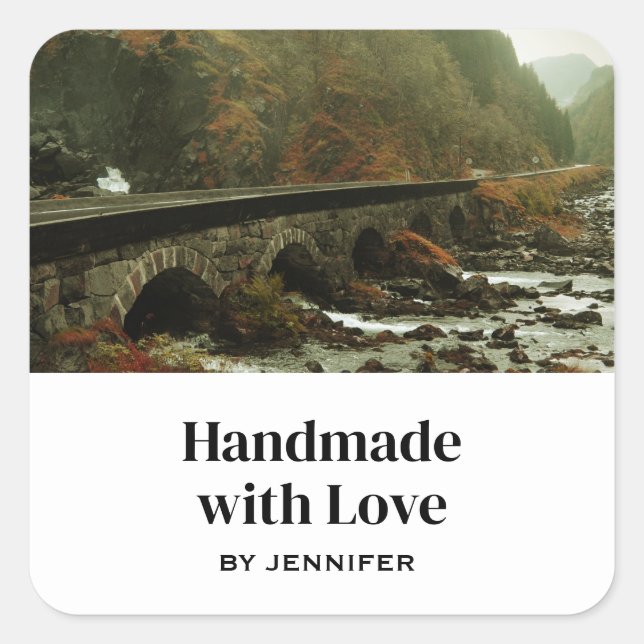 Handmade with Love Autumn Forest and River Photo Square Sticker (Front)