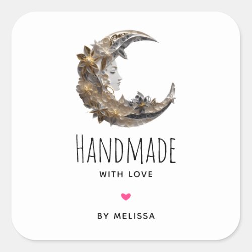 Handmade with Love Beautiful Face in the Moon Square Sticker