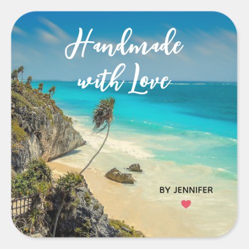 Handmade with Love Beautiful Tropical Beach Square Sticker