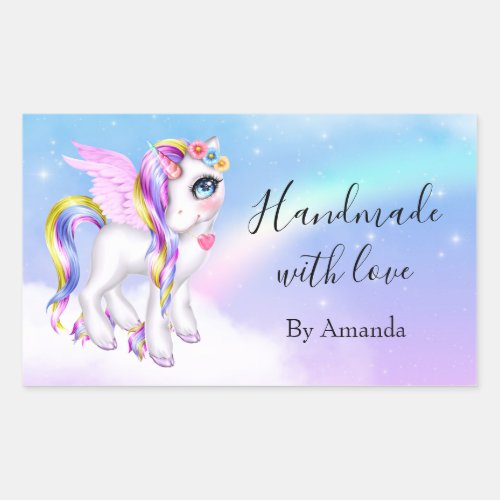 Handmade with Love Beautiful Unicorn with Rainbow  Rectangular Sticker