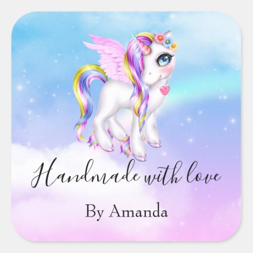 Handmade with Love Beautiful Unicorn with Rainbow Square Sticker