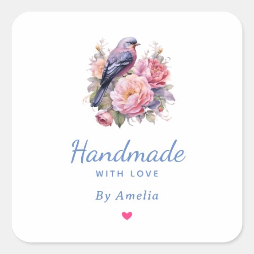 Handmade with Love Bird Standing on Pink Peonies Square Sticker