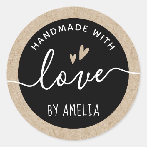 Handmade with love black and Kraft paper look Classic Round Sticker