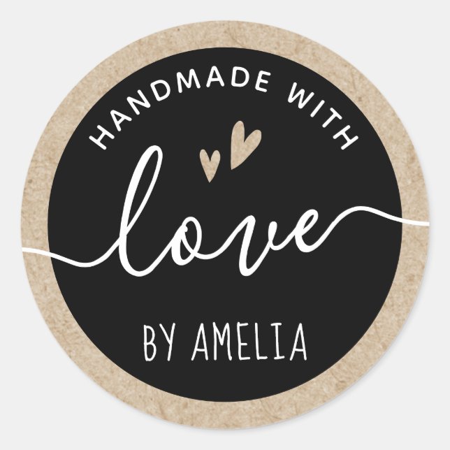 Handmade with love black and Kraft paper look Classic Round Sticker (Front)