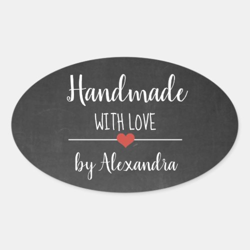 Handmade with love black chalkboard script custom oval sticker