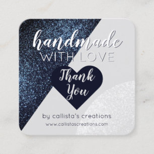 Handmade With Love Black Gray Glitter Heart Square Business Card