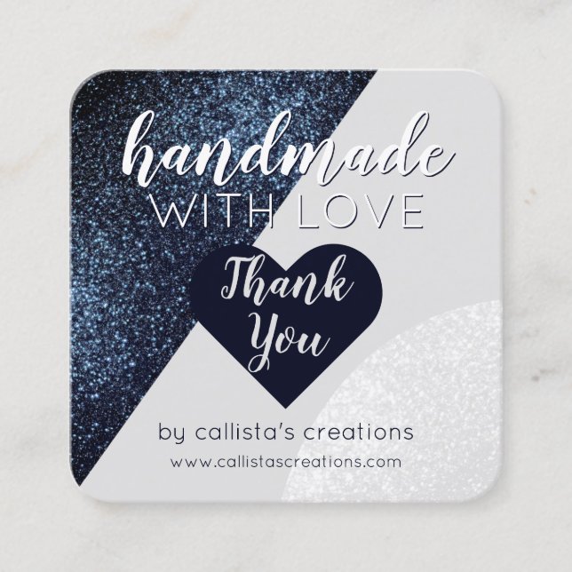Handmade With Love Black Gray Glitter Heart Square Business Card (Front)