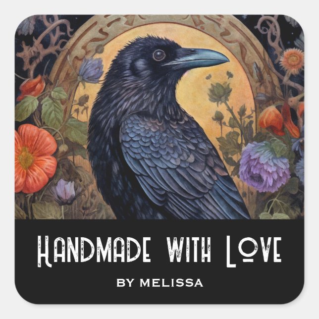 Handmade with Love Black Raven Dark Gothic Square Sticker (Front)