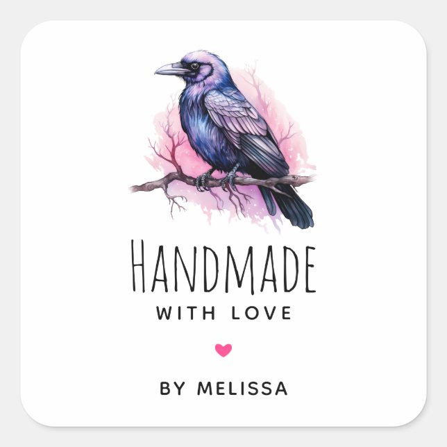 Handmade with Love Black Raven on a Branch Square Sticker (Front)