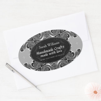 Handmade with Love Black Silver Tribal Vintage Oval Sticker