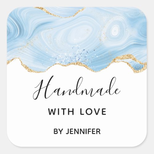 Handmade with Love Blue and Gold Agate Stylish Square Sticker