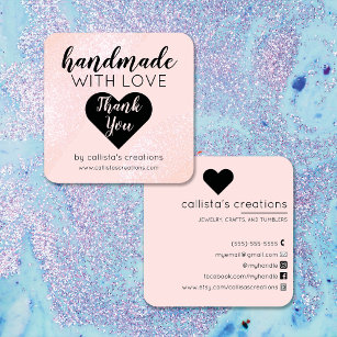 Handmade With Love Blush Pink Glitter Geo Heart Square Business Card