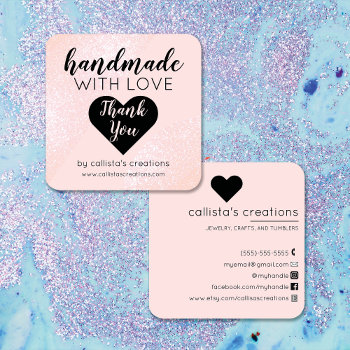 Handmade With Love Blush Pink Glitter Geo Heart Square Business Card by _LaFemme_ at Zazzle