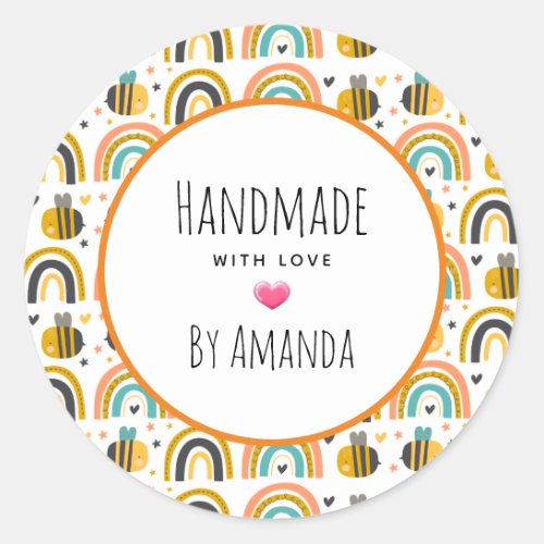 Handmade with Love Bumble Bee and Rainbows Pattern Classic Round Sticker