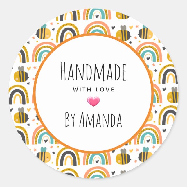 Handmade with Love Bumble Bee and Rainbows Pattern Classic Round Sticker (Front)