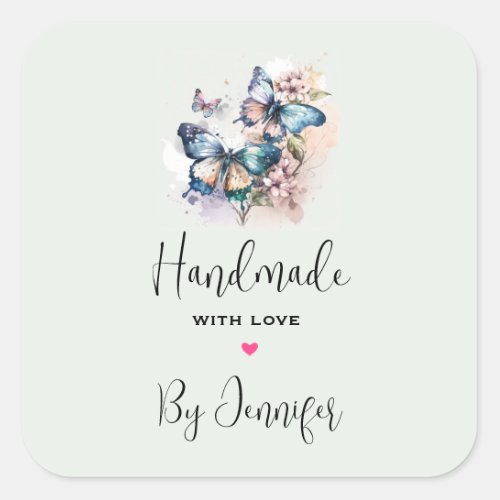 Handmade with Love Butterflies and Flowers Square Sticker