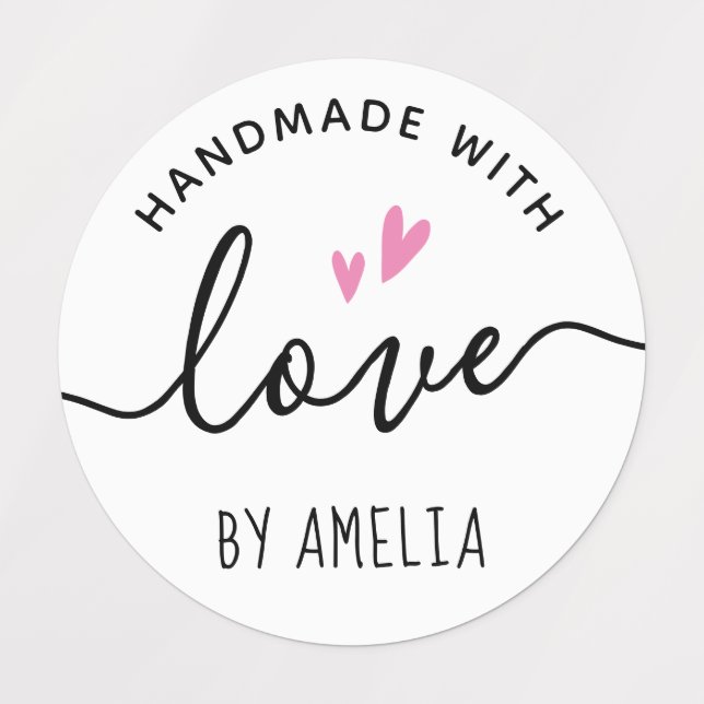 Handmade with love by custom name cute hearts labels (Design 1)