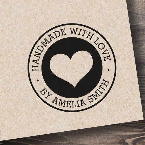 Handmade with love by custom name elegant heart rubber stamp