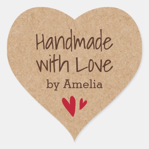 Handmade with love by custom name Kraft paper look Heart Sticker