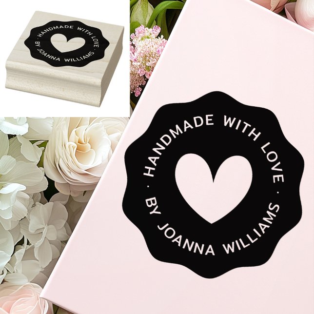 Handmade with love by custom name wavy border rubber stamp (Handmade with love by custom name wavy border rubber stamp)