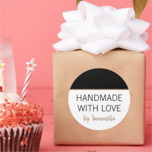 Handmade With Love by Name Black Gold Classic Round Sticker