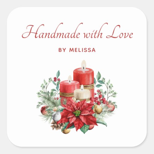 Handmade with Love Candles and Poinsettia Bouquet Square Sticker