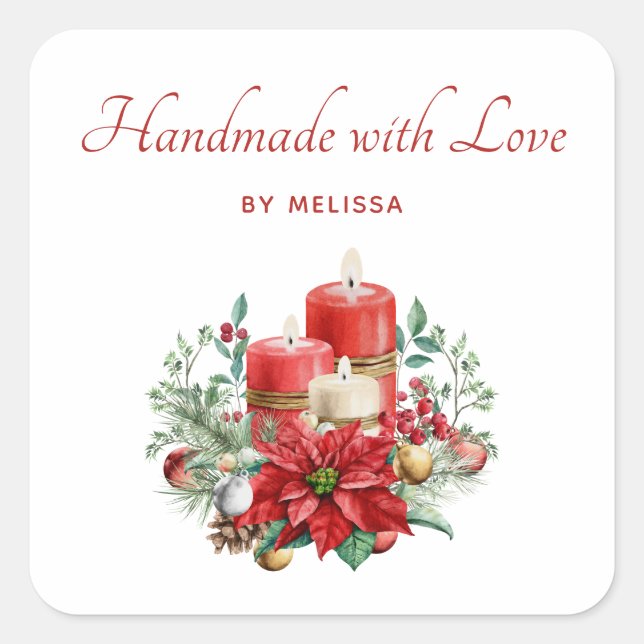 Handmade with Love Candles and Poinsettia Bouquet Square Sticker (Front)