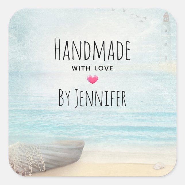 Handmade with Love Coastal Beach Scene Nautical Square Sticker (Front)