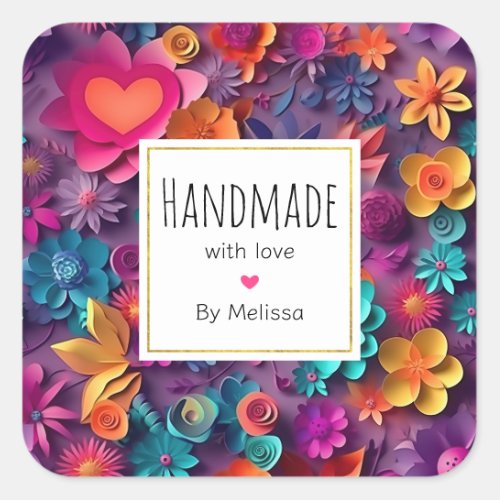Handmade with Love Colorful Spring Flowers Pattern Square Sticker