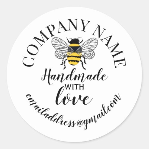 Handmade with love company name bee classic round sticker