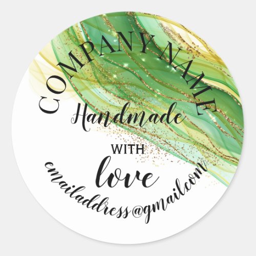 Handmade with love company name teal glitter class classic round sticker