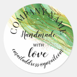Handmade with love company name teal glitter class classic round sticker